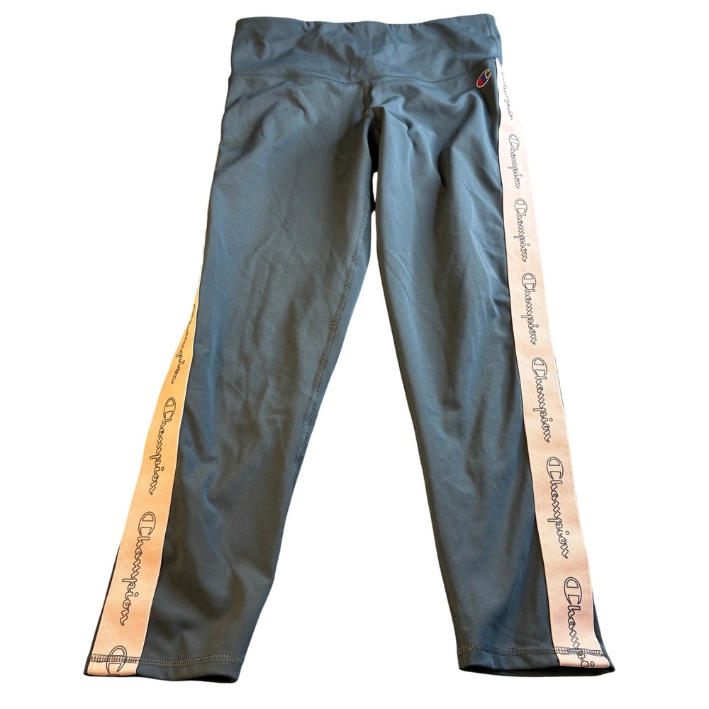 Champion Grey Pink Logo Tape High Rise Leggings Women's Size Large Zip Pocket